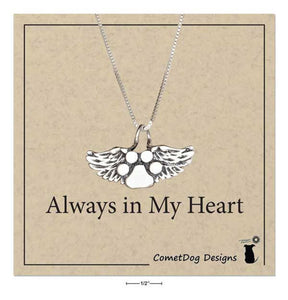 Memorial Paw Print with Angel wings Necklace