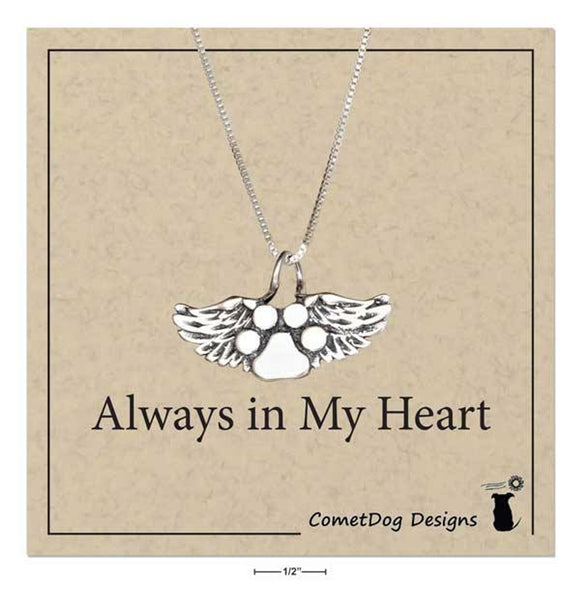 Memorial Paw Print with Angel wings Necklace